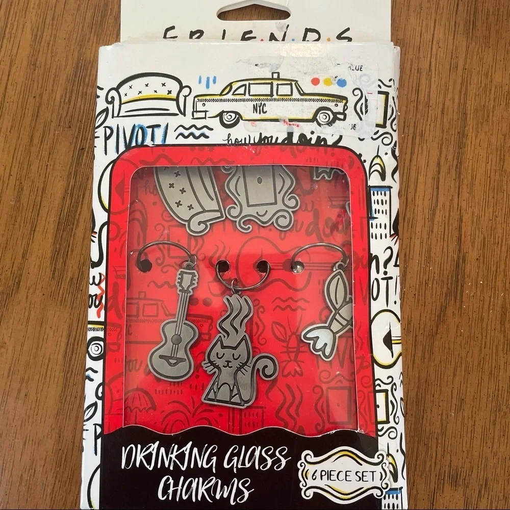 PIVOT! New with tags set of 6 friends tv show wine charms silver